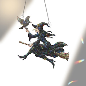 Witch Suncatcher FAUX Stained Glass Window Hanging – Halloween Decor, Flying Witch with Raven on Broomstick, Gothic Fall Window Ornament