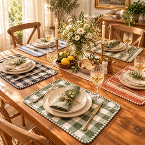 May include: A wooden dining table set for four with quilted placemats in various patterns including green, blue, and red gingham. Each place setting features a white plate, a linen napkin with a floral sprig, a glass, and a silver fork.