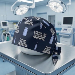 May include: Navy blue surgical scrub cap with a repeating pattern of syringes and medicine bottles. The cap has the text "IF YOU CAN READ THIS YOU NEED MORE PROPOFOL" in white.