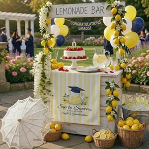 Puede incluir: Un puesto de limonada decorado para una celebración de graduación. El puesto tiene un letrero que dice "Lemonade Bar" y "Congratulations Grads!". También hay un pastel con fresas, globos y limones. El puesto tiene un mantel a rayas amarillas y blancas con el texto "Sip to Success".