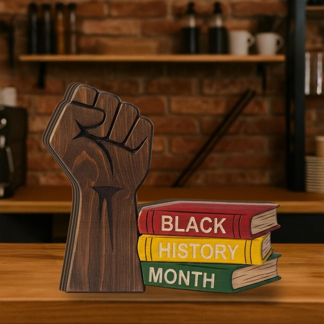 Wooden Block Decor: Raised Fist + “BLACK HISTORY MONTH” Book Stack ...