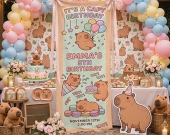 Tapiz de lino personalizado con diseño de capibara para cumpleaños, pancarta de fiesta con animales de dibujos animados con nombre, edad y fecha, telón de fondo para eventos en tonos pastel.