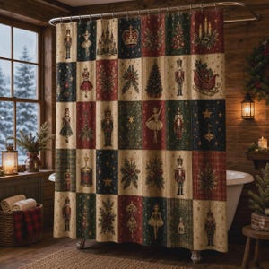 May include: A shower curtain featuring a grid pattern of festive holiday illustrations including nutcrackers, ballerinas, Christmas trees, crowns, sleighs, and greenery in a color palette of deep red, forest green, navy blue, and cream.