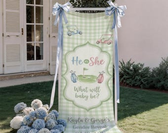 Banner personalizado de lino y algodón para revelación de género, telón de fondo personalizado para eventos con nombre, diseño con temática de golf.