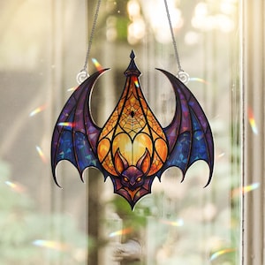 Fledermaus Laterne Suncatcher - Gothic Holographische Fenster Dekoration, Halloween Fledermaus Laterne Faux Buntglas Acryl Suncatcher, gruseliges Geschenk für Zuhause