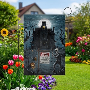 Funny Haunted House Halloween Garden Flag – Skeleton House Sitter Joke Sign – Spooky Outdoor Yard Decoration