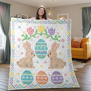 Personalisierte Osterhase Quilt Decke, Frühling Patchwork werfen, Pastell Blumen Urlaub Dekor