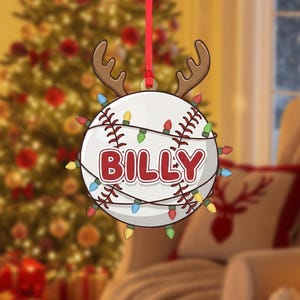 Personalized Baseball Reindeer Ornament: Custom Name, Acrylic Sports Xmas Gift