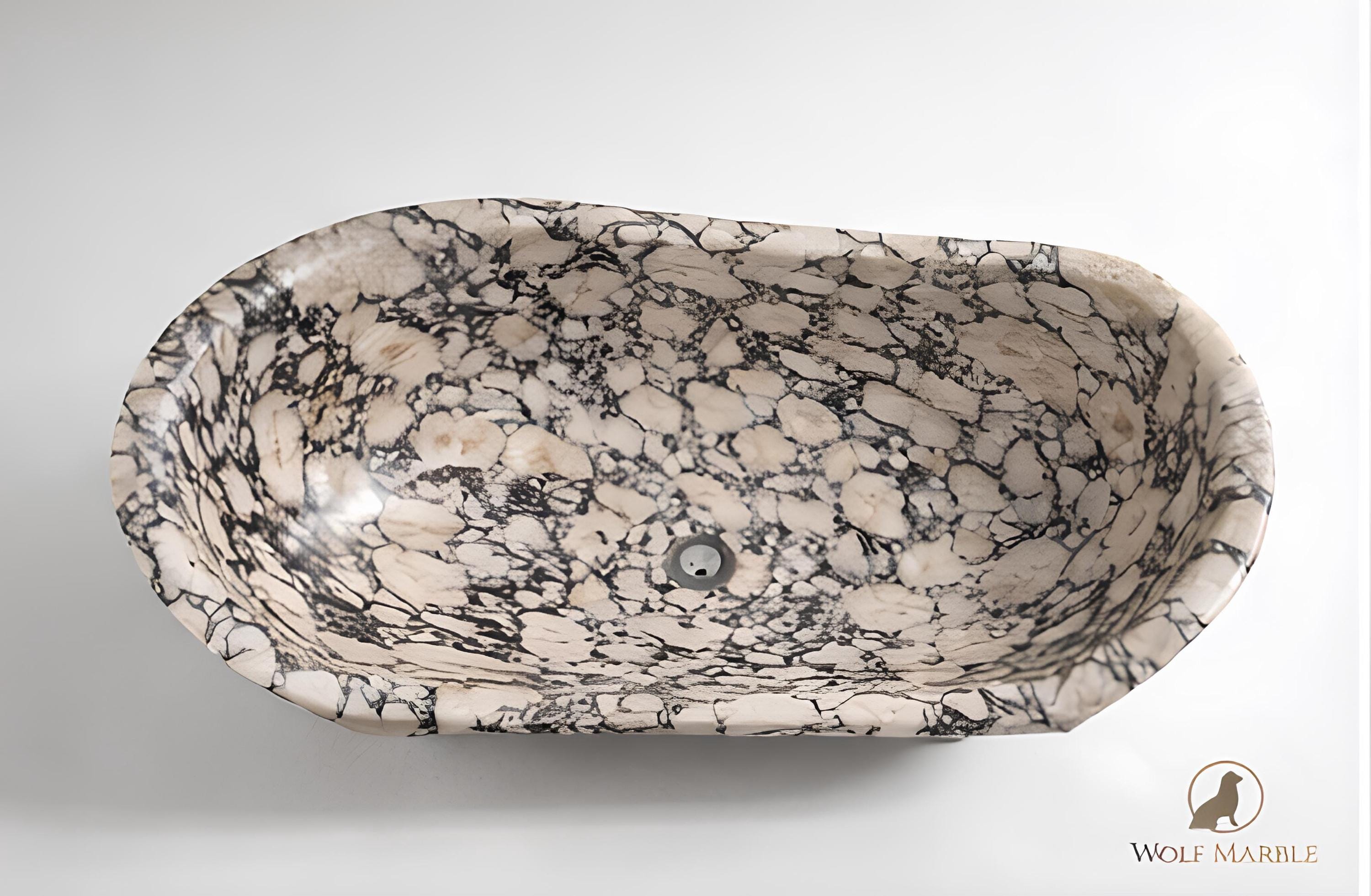 Hand-Carved Breccia Marble Bathtub | Compact Freestanding Soaking Tub 2