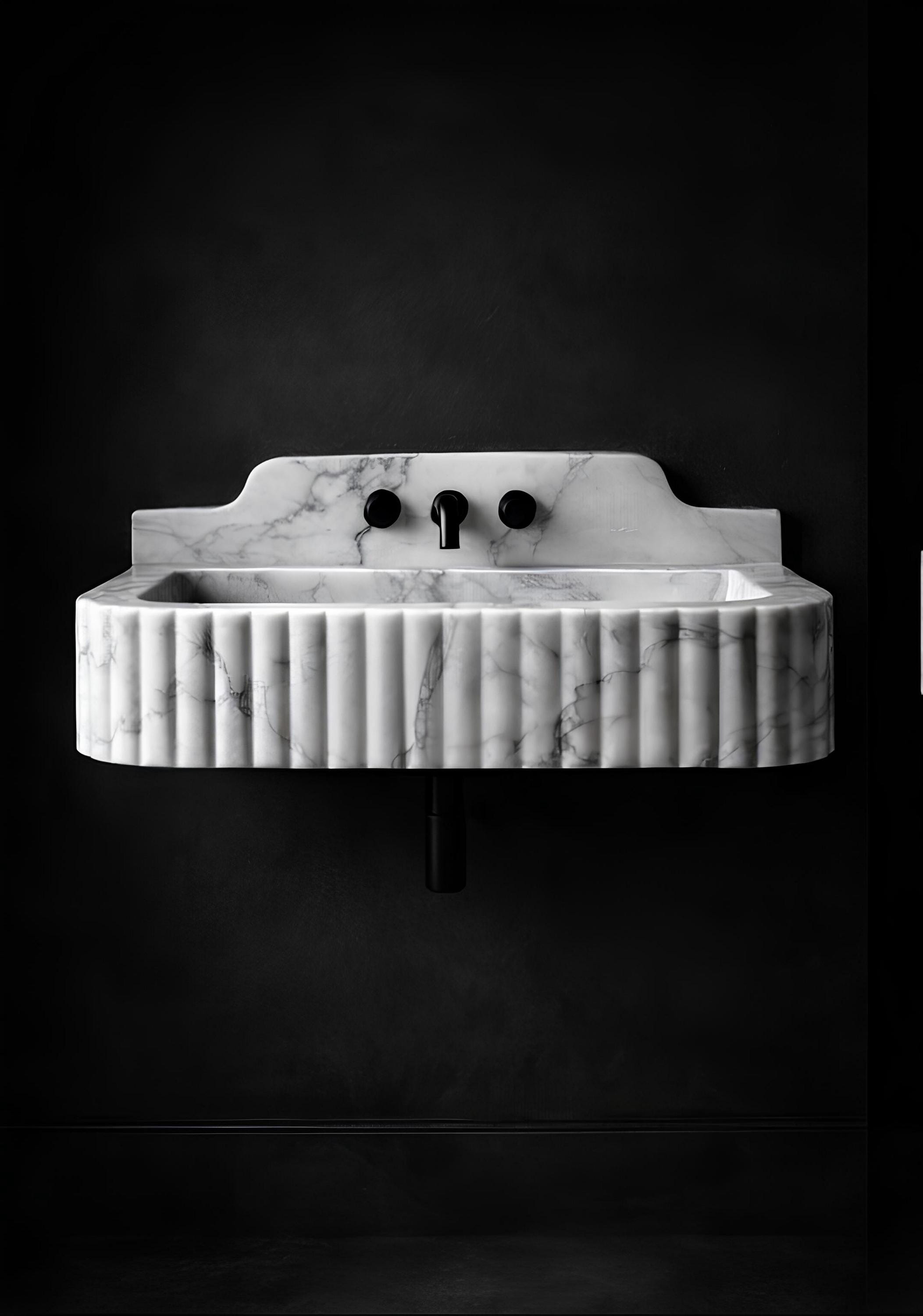 Hand-Carved Black & Carrara Marble Sink | Wall-Mount Bathroom Vanity Basin, Custom Size