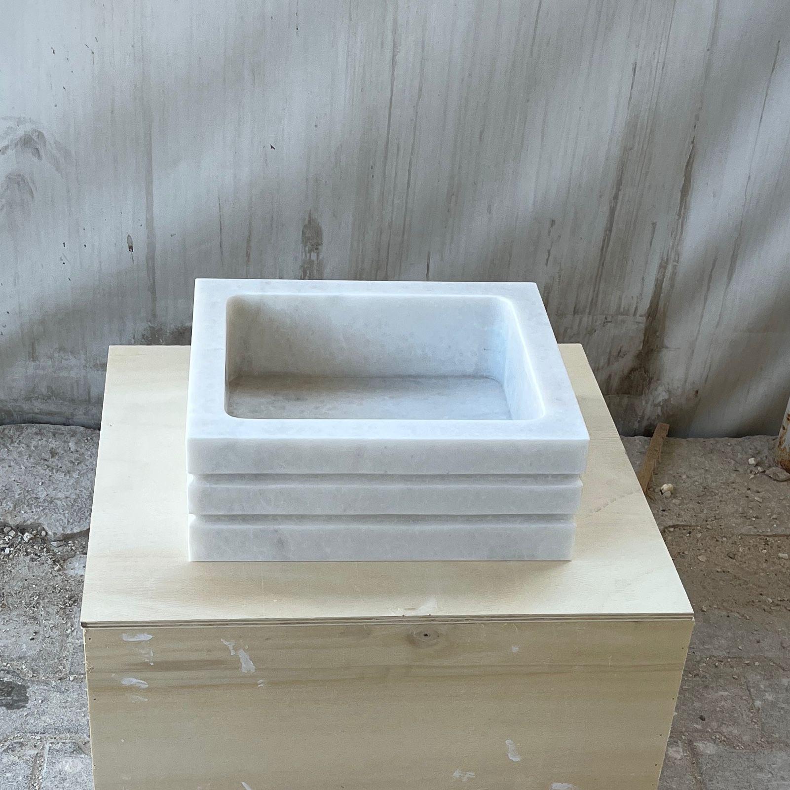 Hand-Carved Solid Marble Square Vessel Sink, Modern Layered Design 2