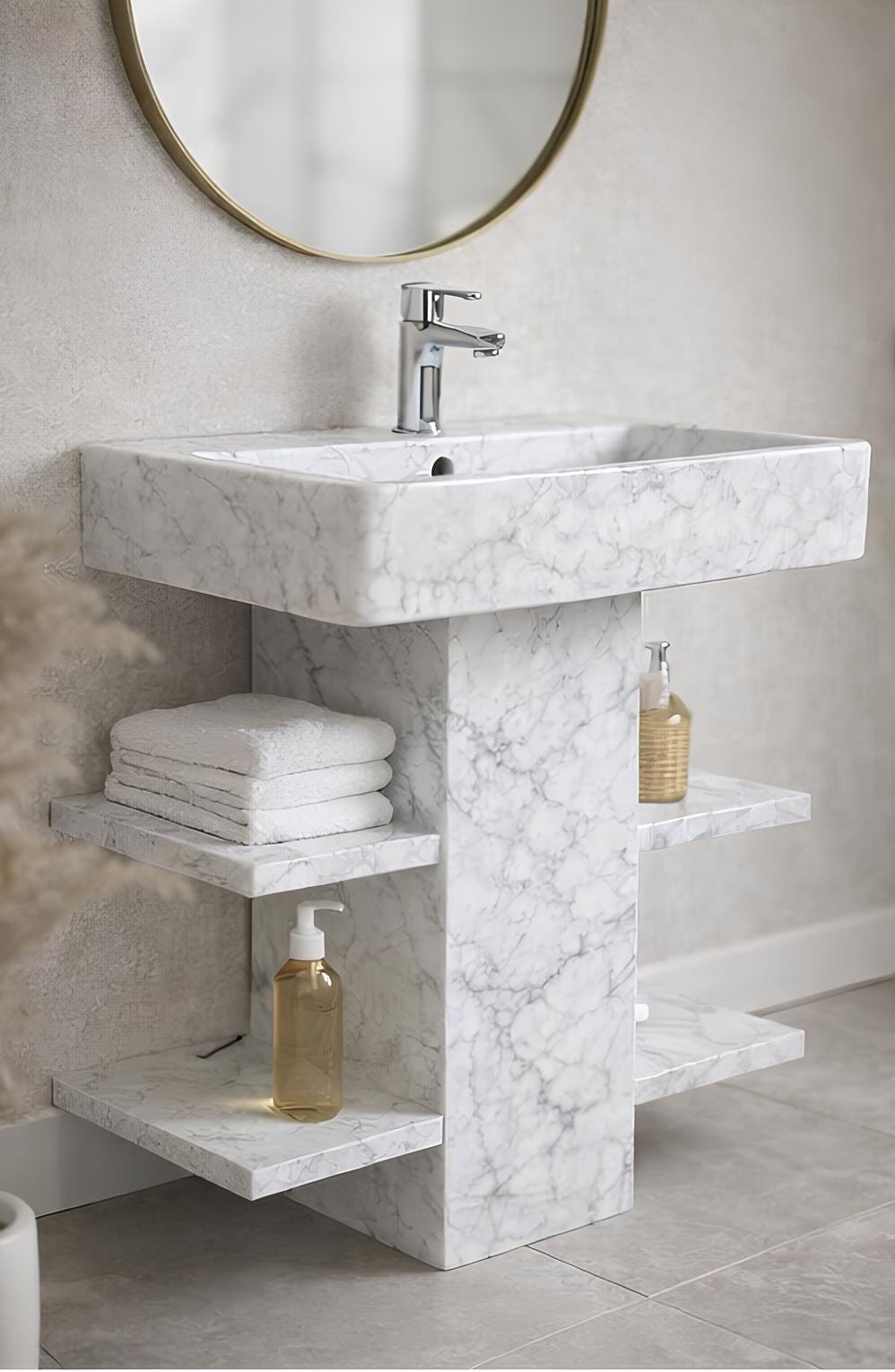 Calacatta Viola Marble Pedestal Sink | Handmade Bathroom Washbasin with Shelves 2