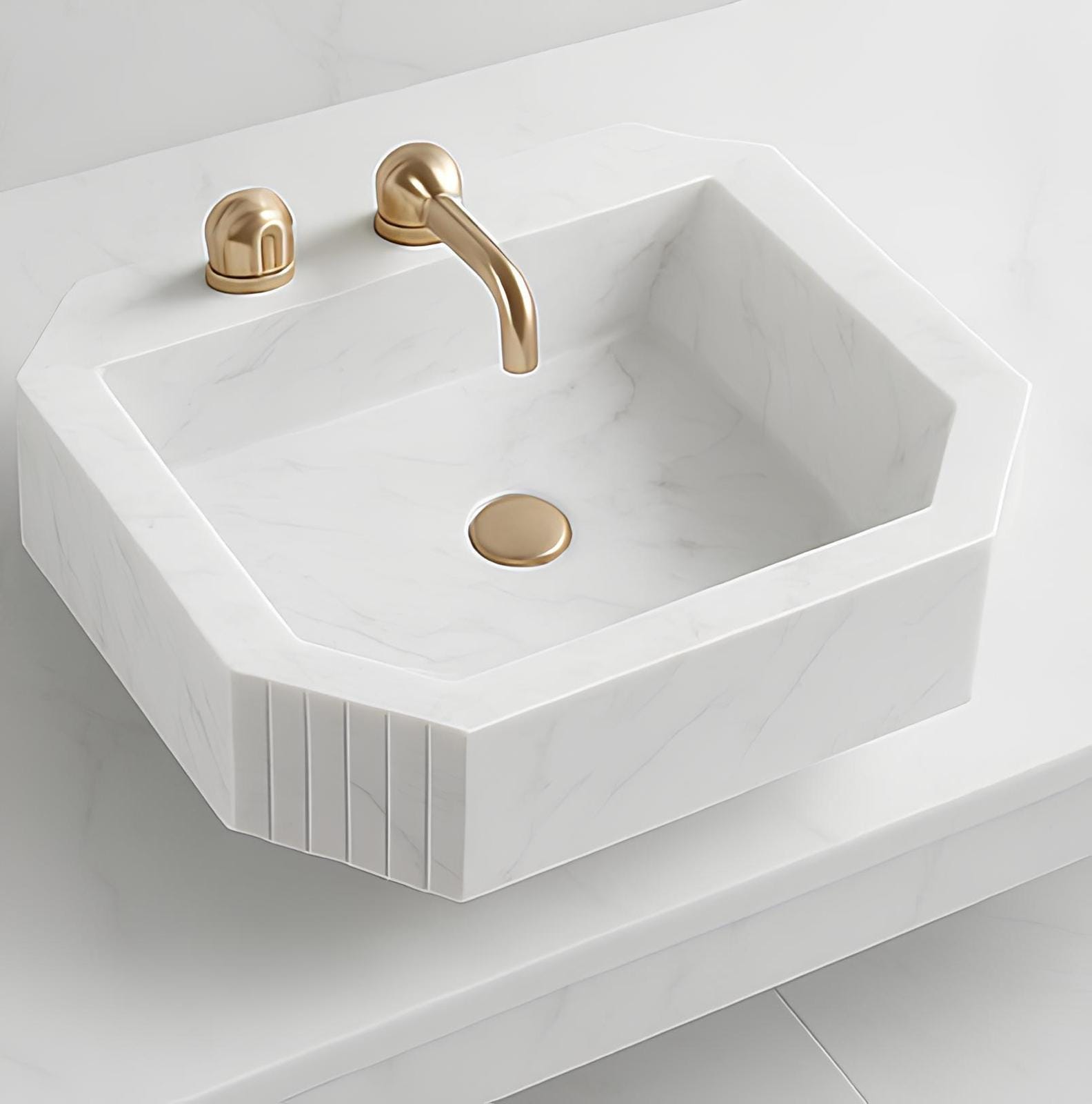 Modern Carrara White Marble Wall-Mount Sink – Geometric Hand-Carved Bathroom Basin, Custom Size 3