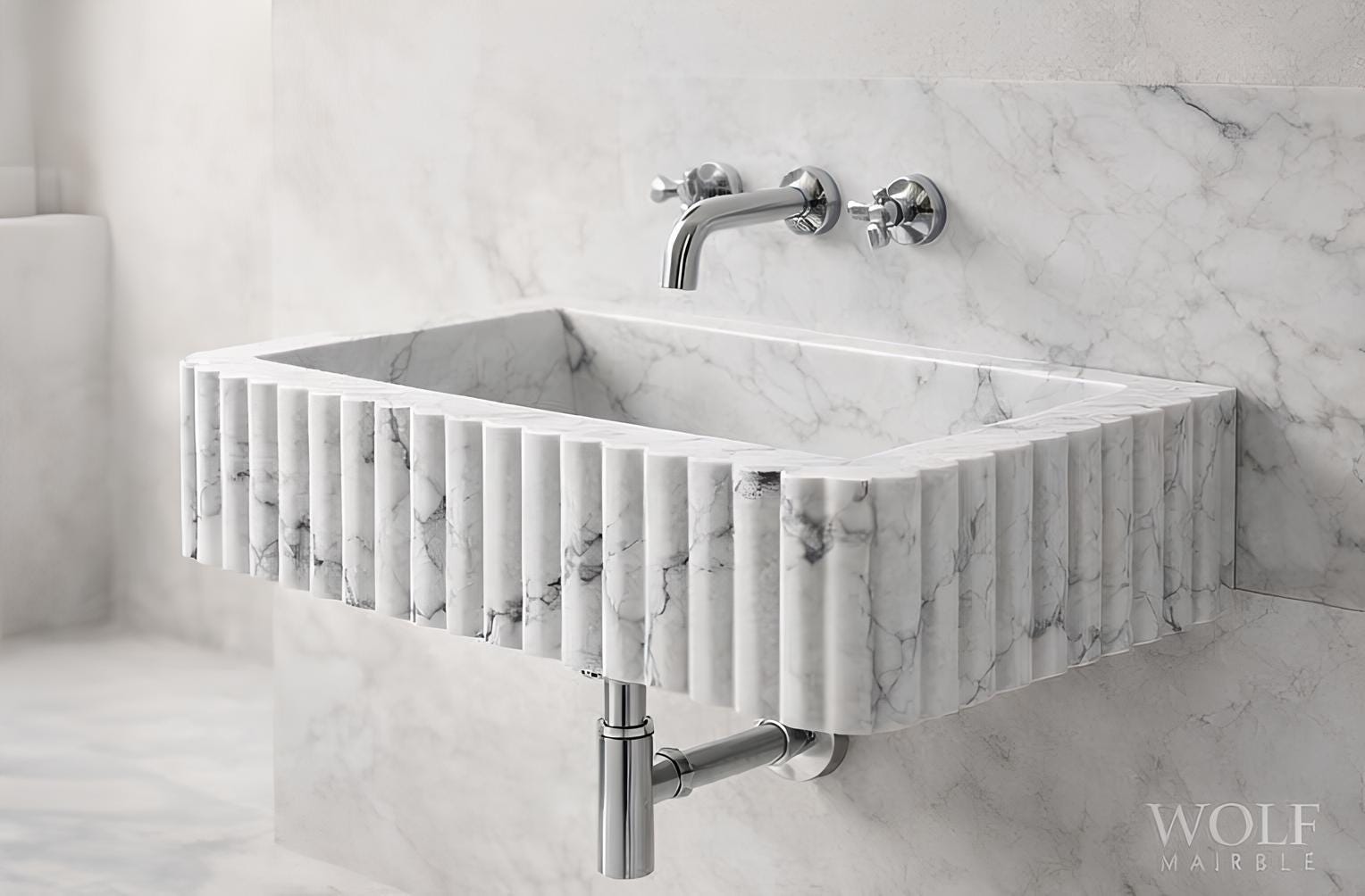 Hand-Carved Fluted Carrara Marble Sink – Luxury Bathroom Vanity Basin, Custom Size 4