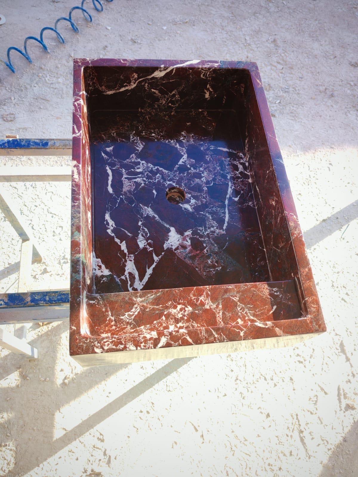 Red Marble Vessel Sink | Handmade Rectangular Bathroom Basin 2