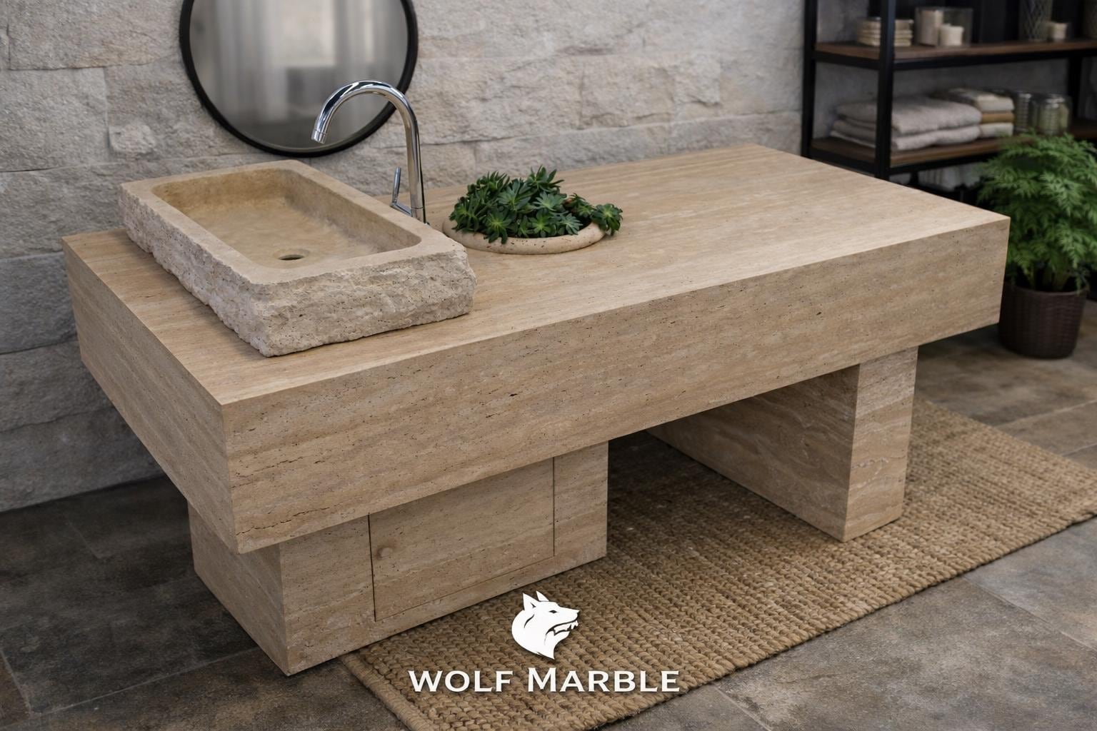 Handmade Travertine Stone Sink & Vanity Table | Natural Travertine Bathroom Console | Custom Size Marble Washstand