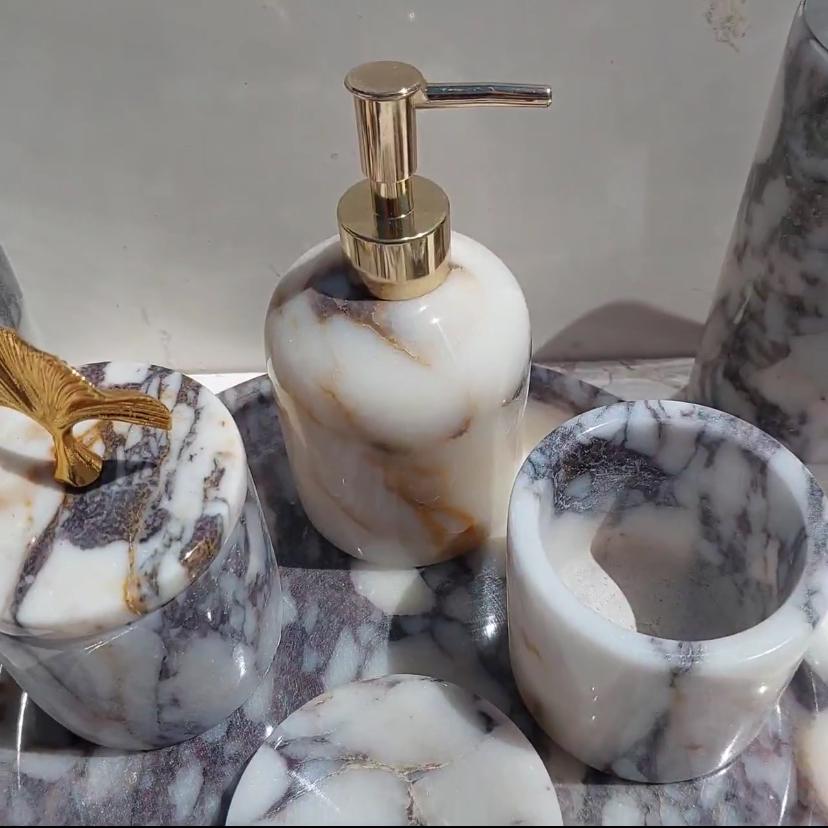 Handmade Marble Bathroom Accessories Set: Soap Dispenser, Jar, Tray & Toothbrush Holder 3