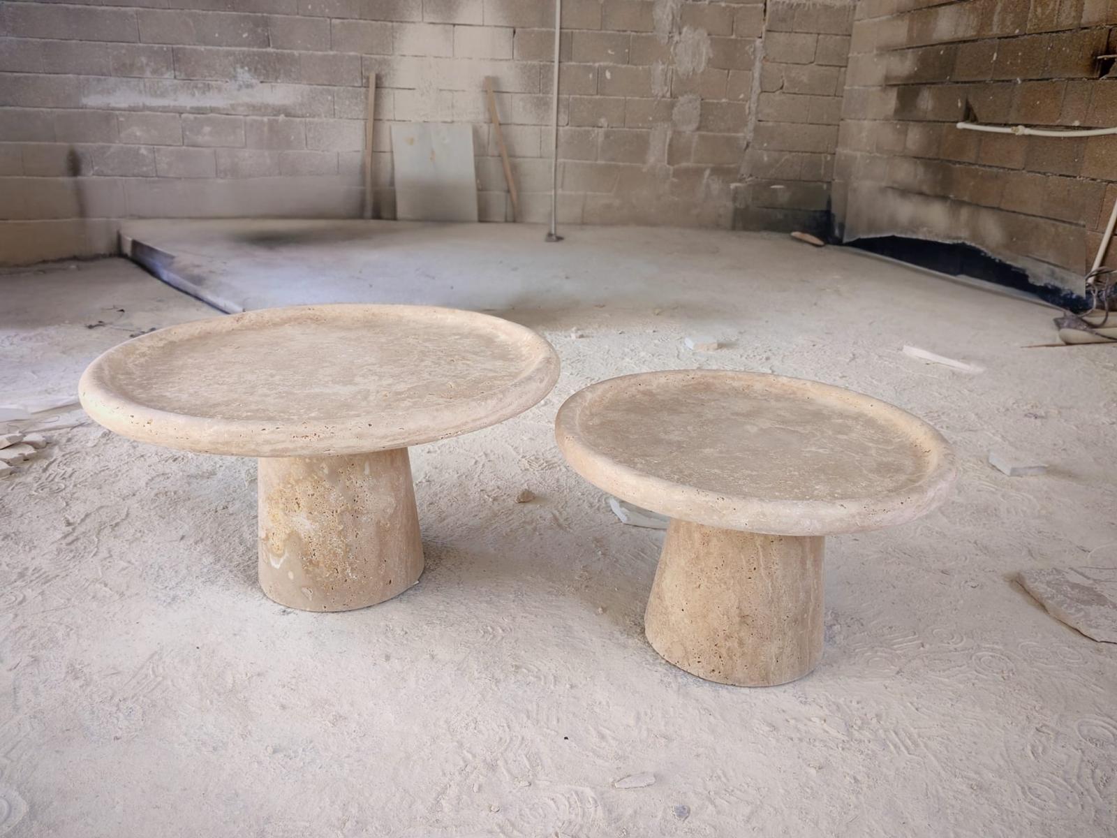 Custom Travertine Marble Coffee Table Set | Handmade Round Stone Tables for Modern Interiors