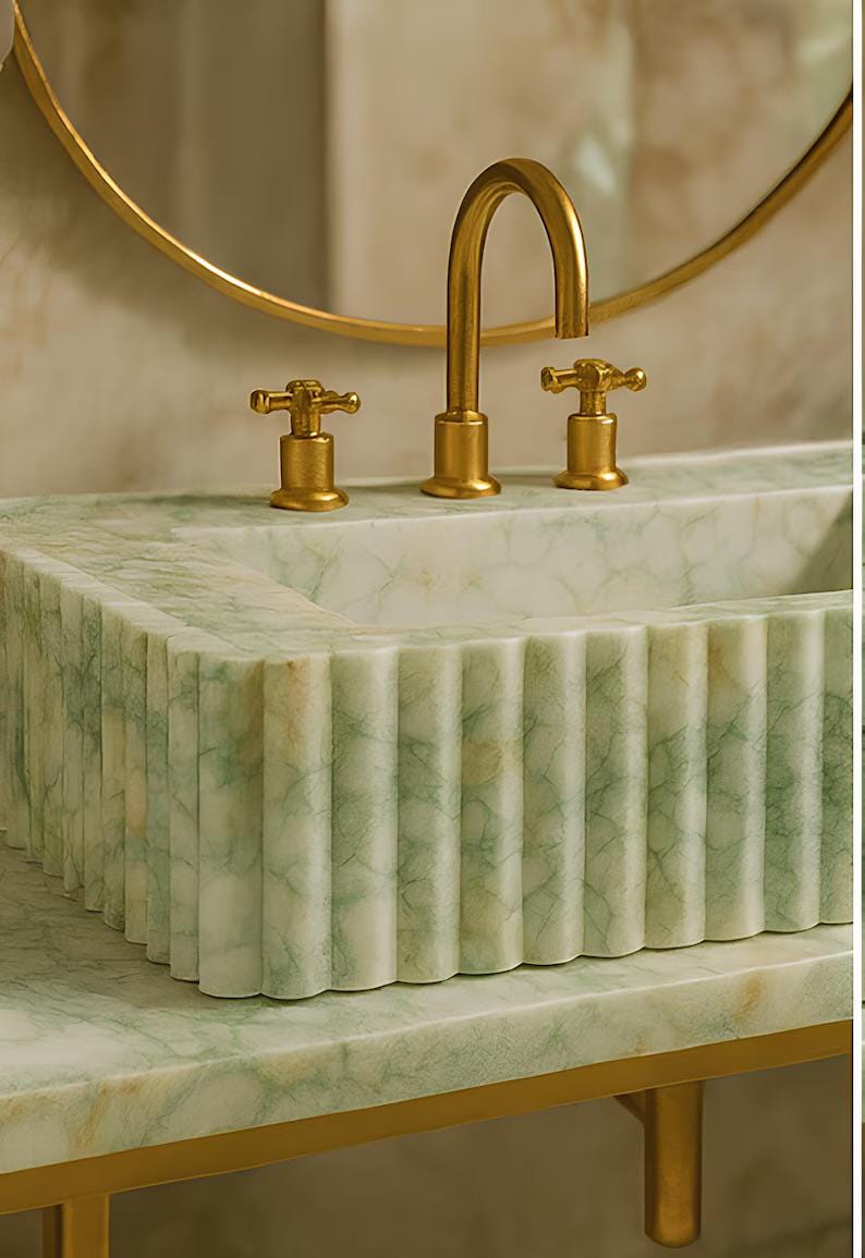 Hand-Carved Calacatta Verde Marble Sink | Fluted Green Veined Luxury Vanity Basin 2