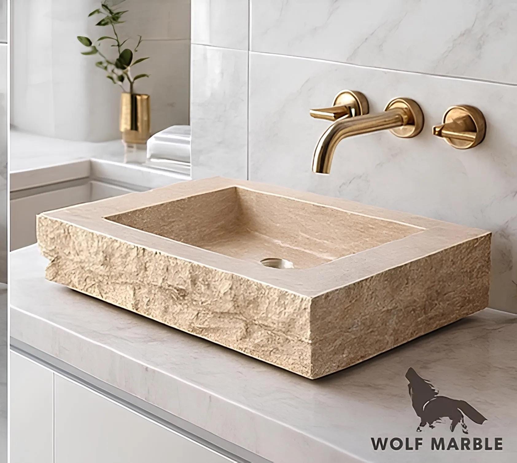 Hand-Carved Beige Travertine Bathroom Sink – Natural Chiseled Edge Stone Basin, Custom Size 3