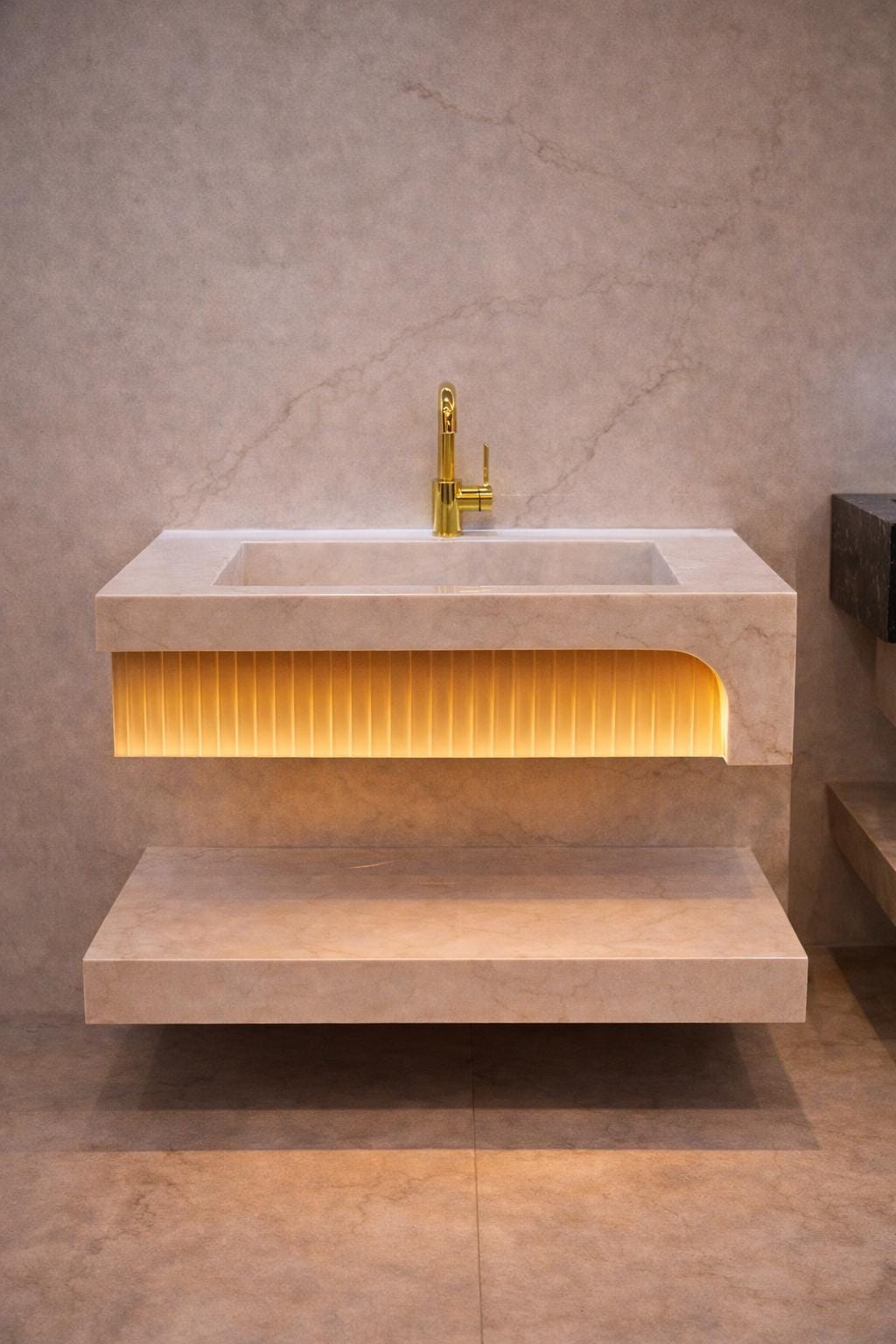 Single-Block Marble Floating Sink with Motion Sensor LED Lighting – Handmade Luxury Bathroom Vanity