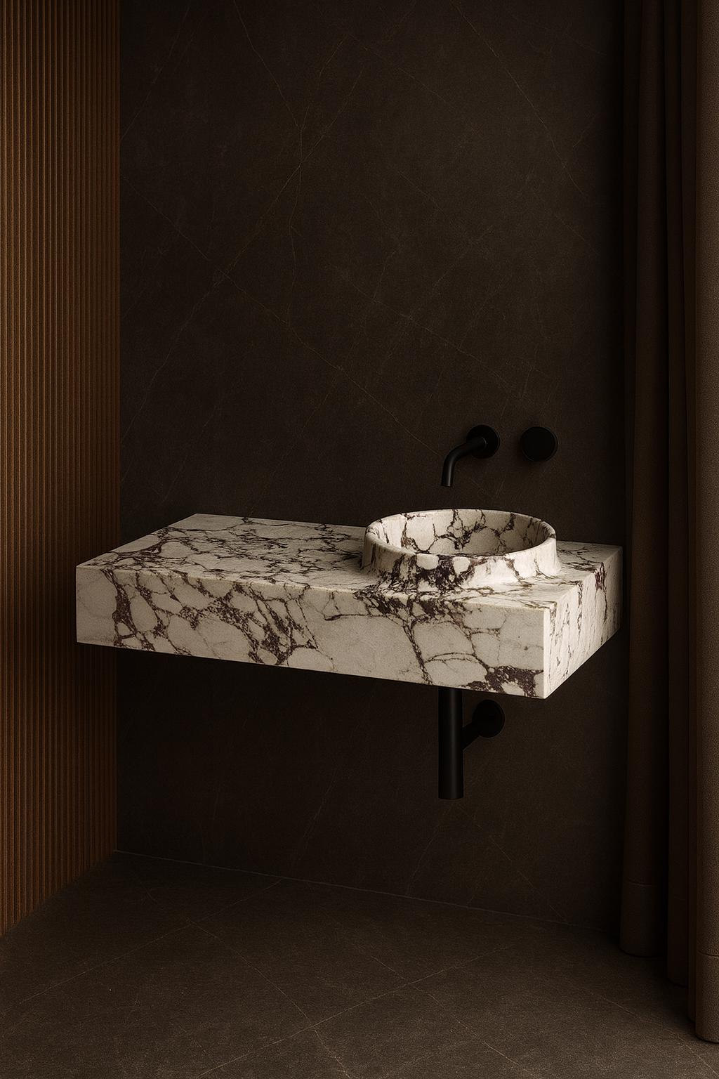 Hand-Carved Calacatta Viola Marble Sink | Luxury Wall Mount Bathroom Basin (35” x 18”) 2