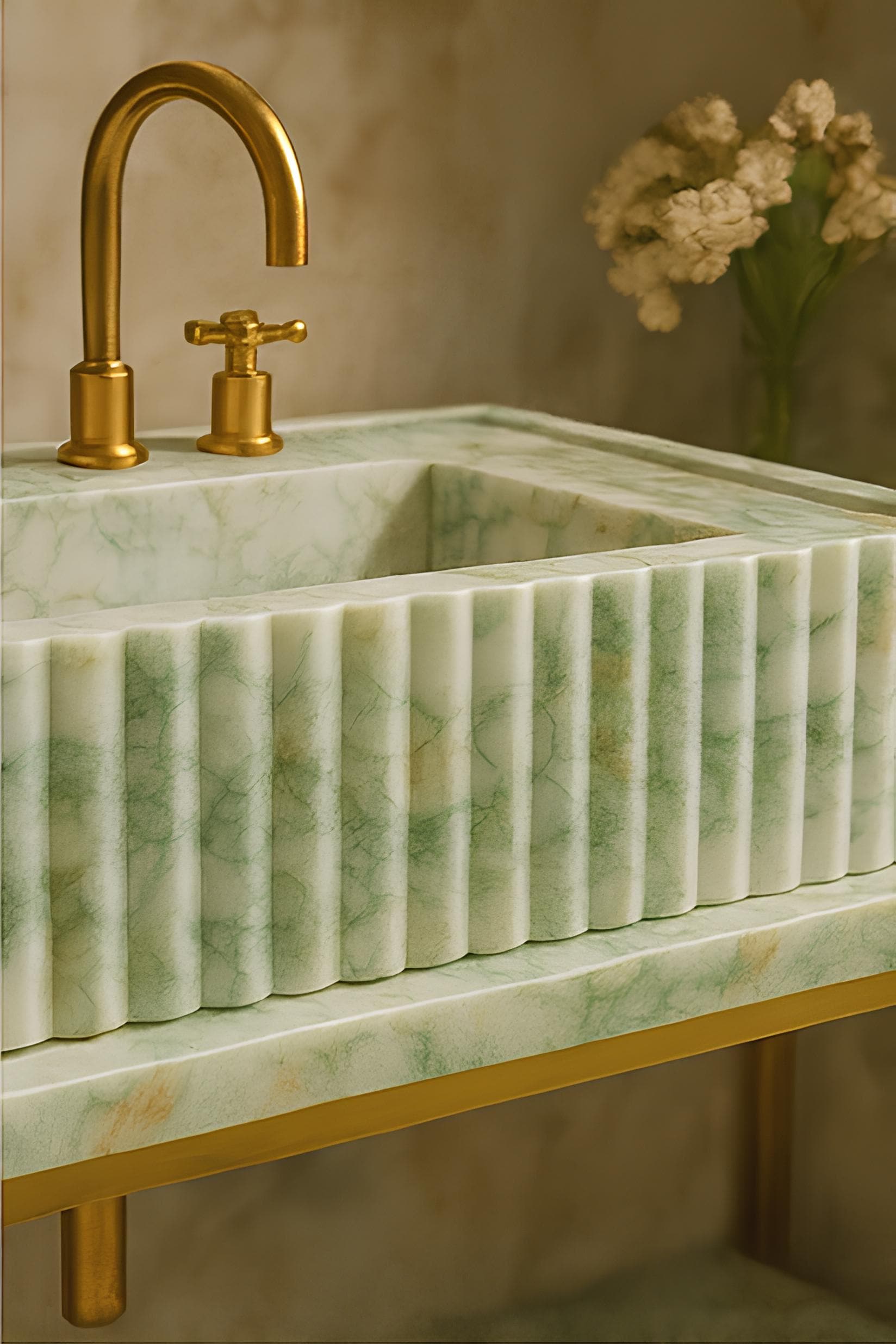 Hand-Carved Calacatta Verde Marble Sink | Fluted Green Veined Luxury Vanity Basin 5