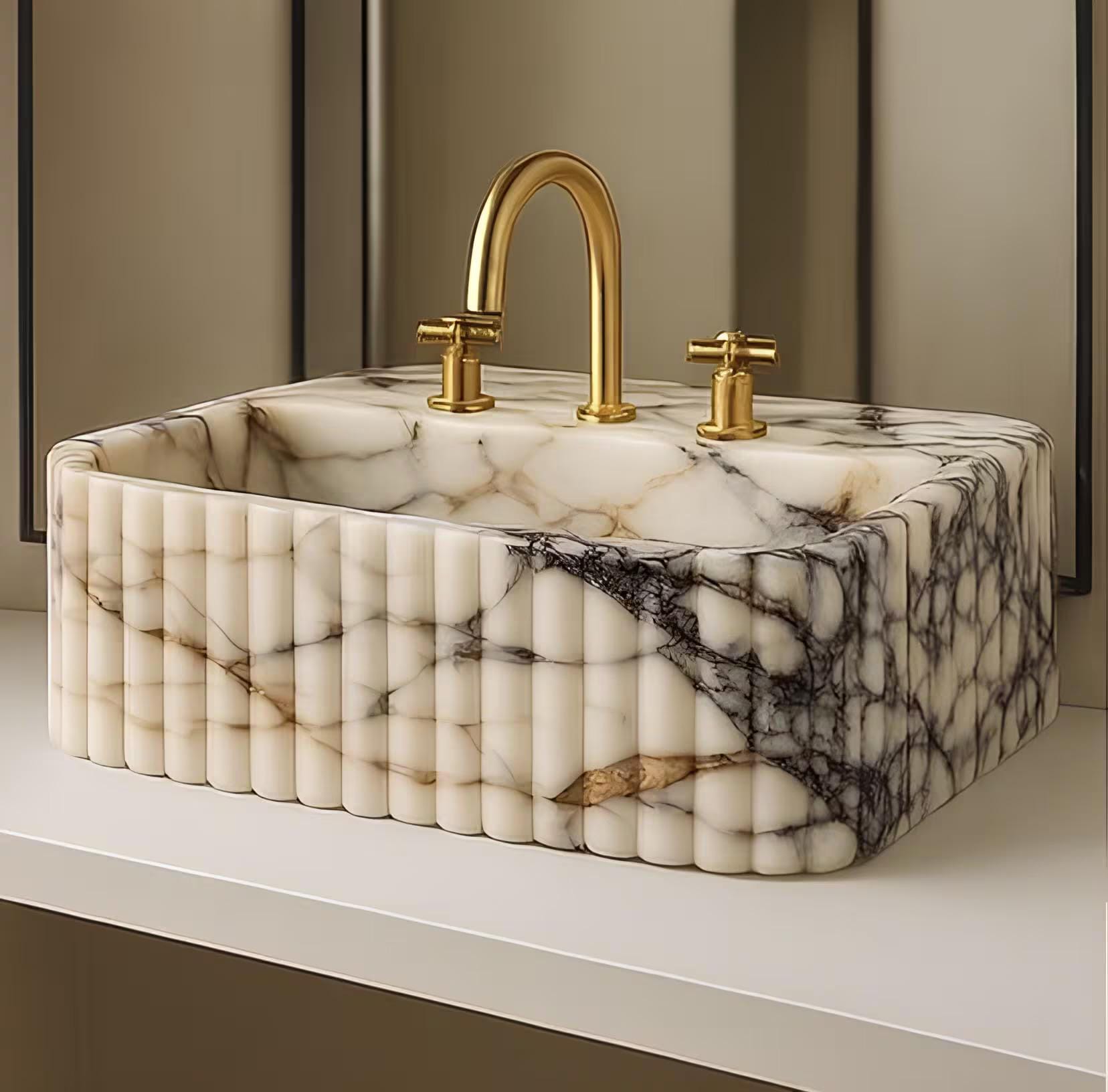 Handmade Calacatta Viola Marble Sink – Ribbed Vanity Basin, Custom Size 3