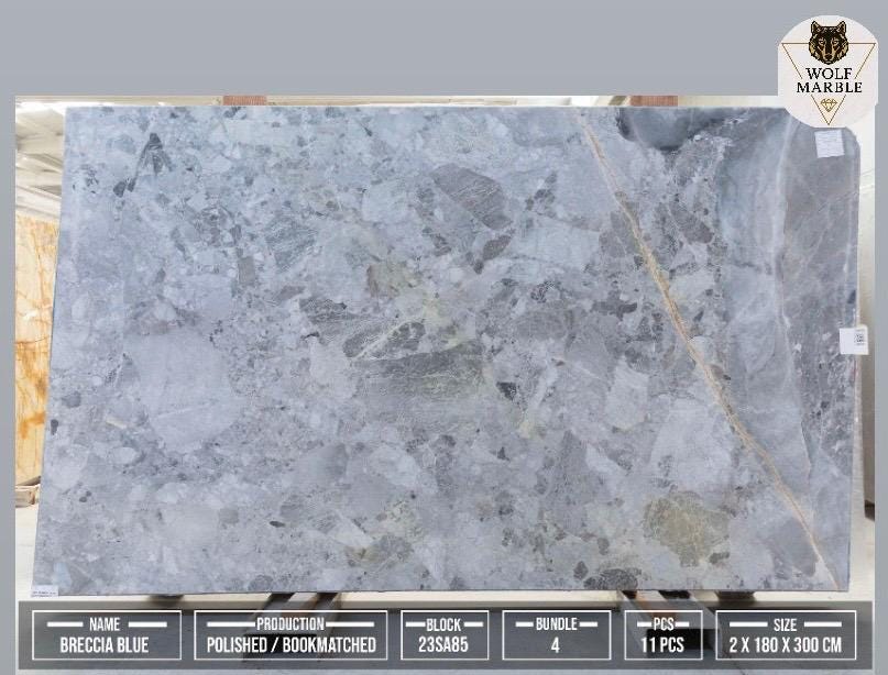 Breccia Blue Marble Slab: Bookmatched Natural Stone, Polished/Leather Finish 5