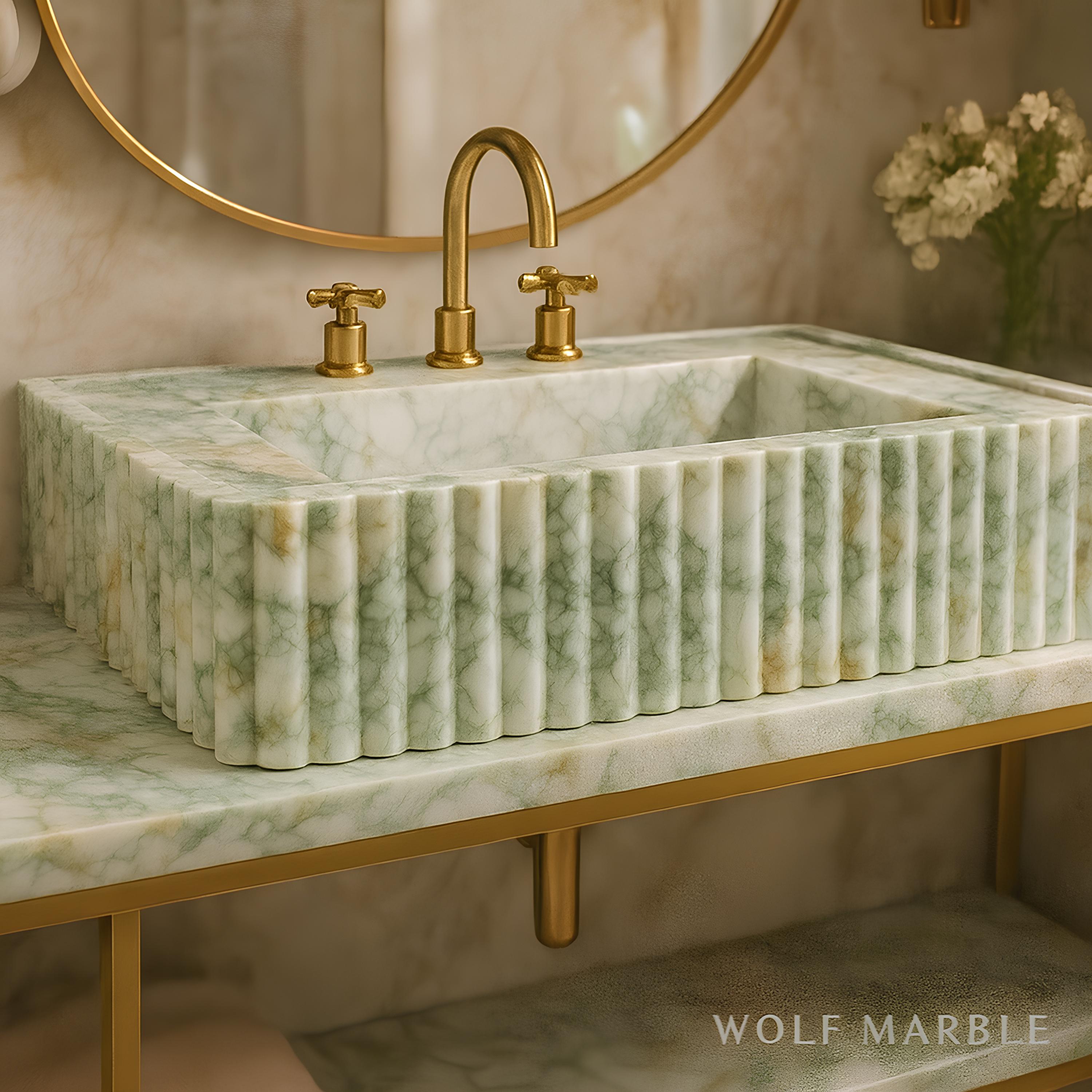 Hand-Carved Calacatta Verde Marble Sink | Fluted Green Veined Luxury Vanity Basin