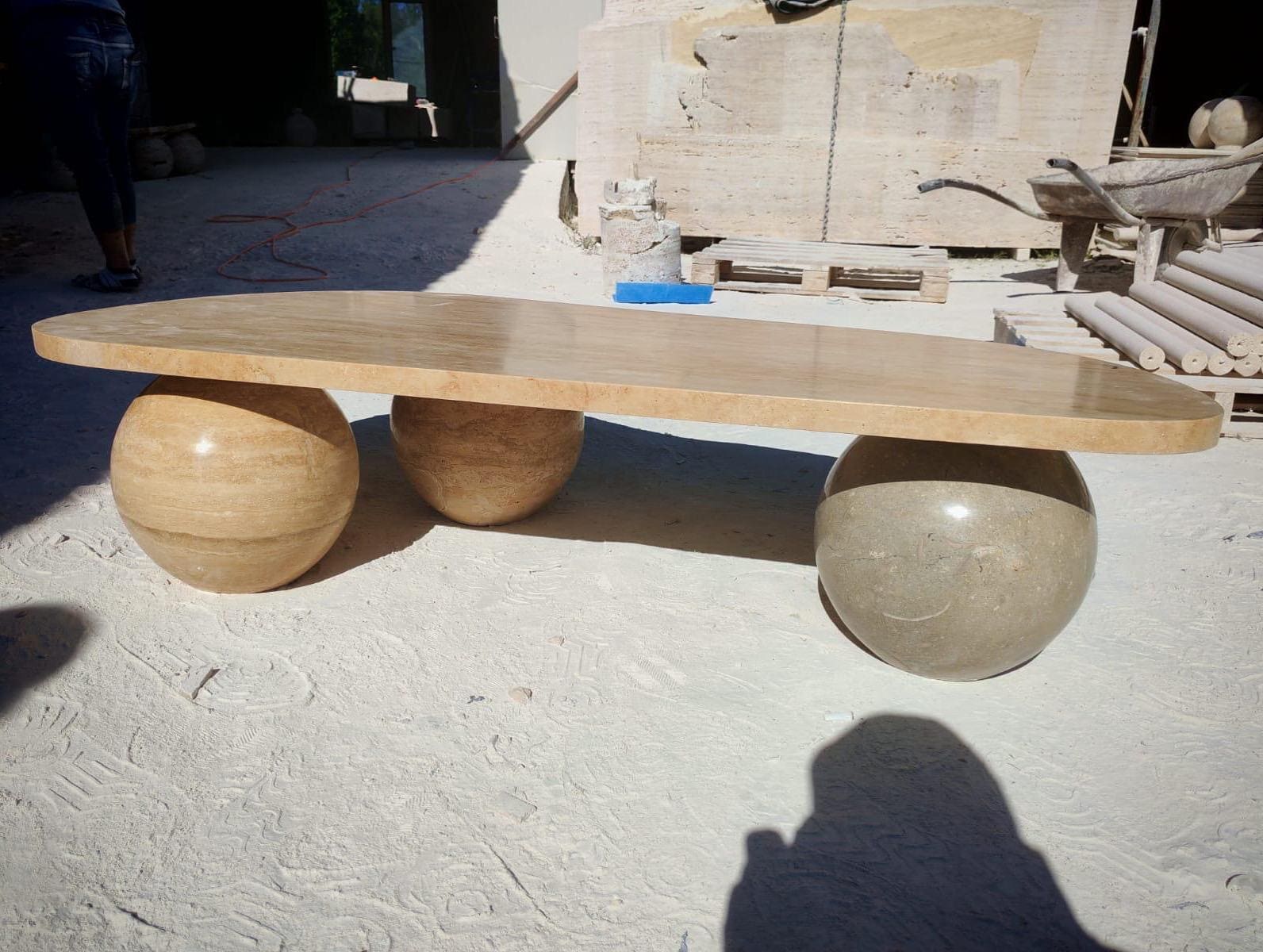 Custom Travertine Marble Coffee Table | Handmade Sculptural Stone Table with Round Ball Legs