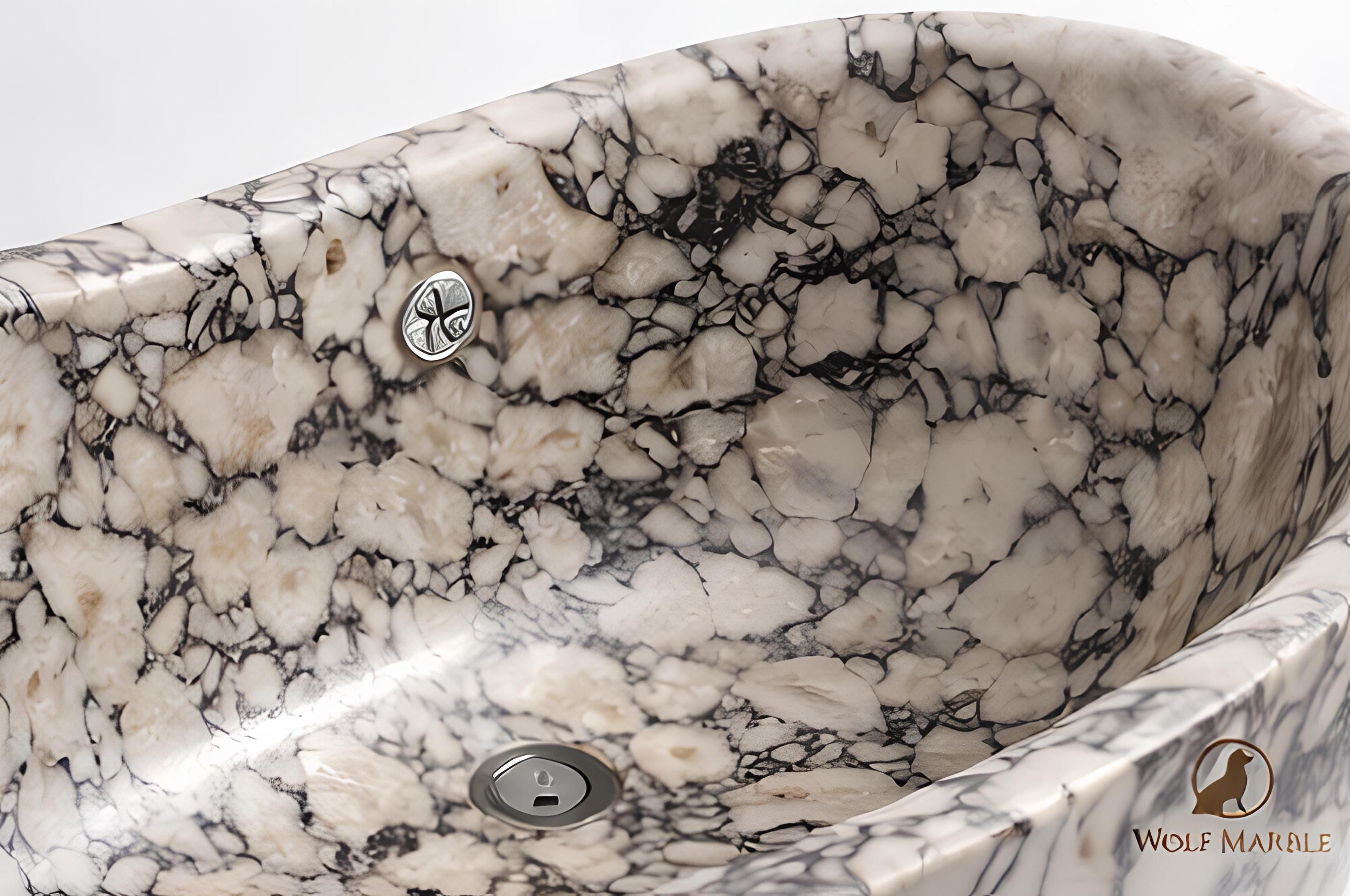 Hand-Carved Breccia Marble Bathtub | Compact Freestanding Soaking Tub 3