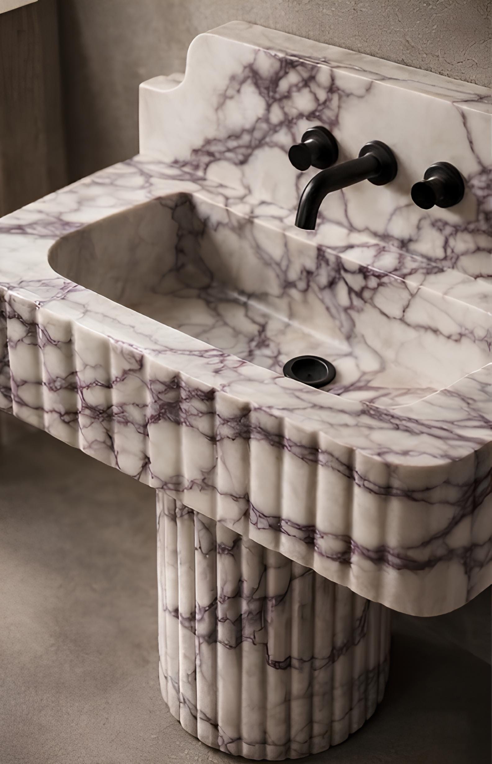 Hand-Carved Calacatta Viola Marble Pedestal Sink | Modern Luxury Bathroom Basin (30” x 16” x 8”) 3