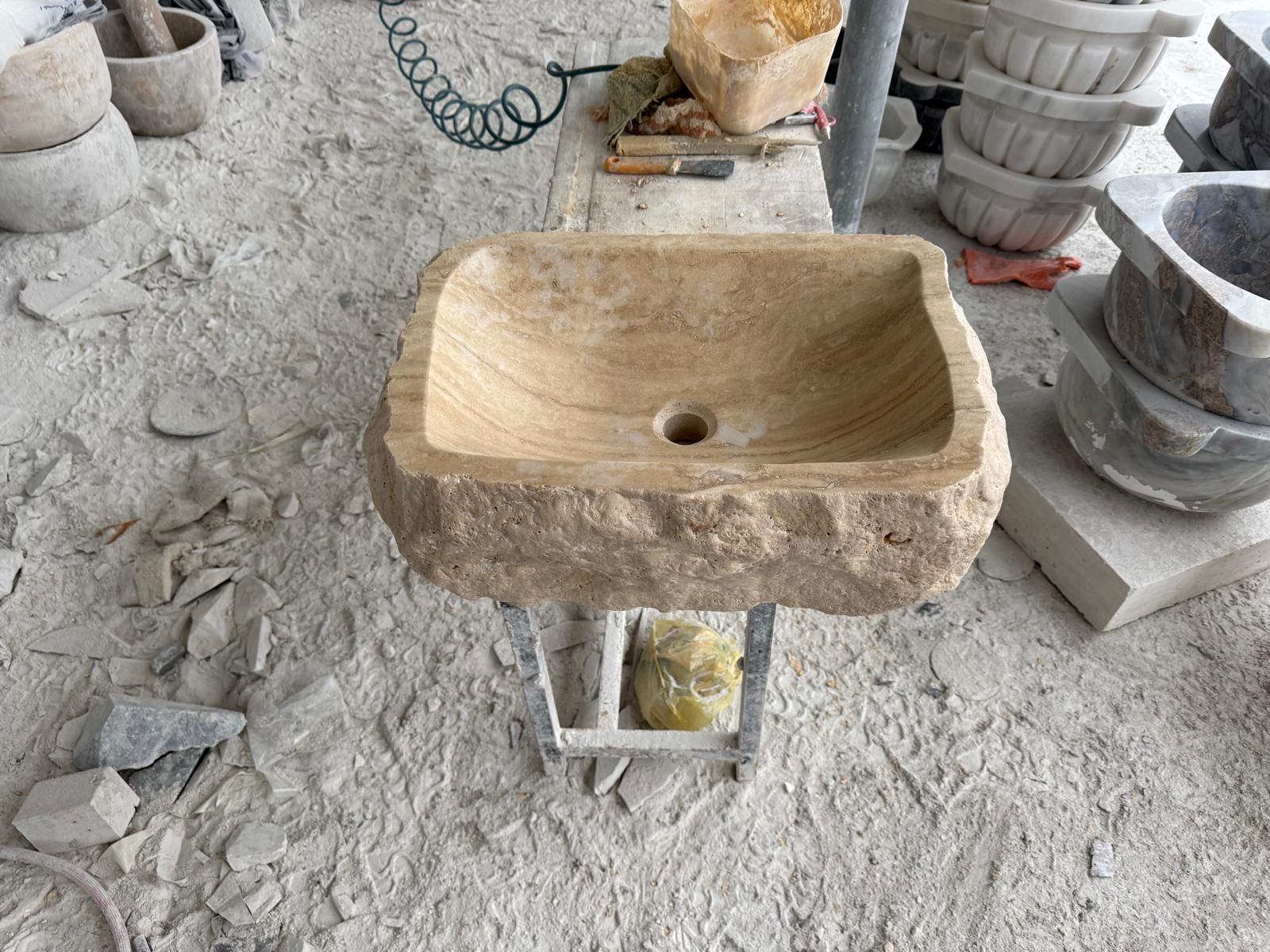 Rustic Handmade Travertine Stone Sink – Natural Rough Edge Rectangular Marble Basin
