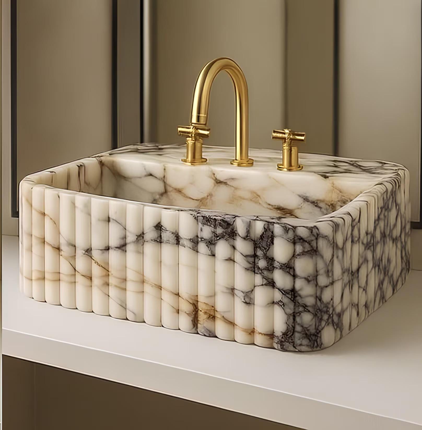 Handmade Calacatta Viola Marble Sink – Ribbed Vanity Basin, Custom Size
