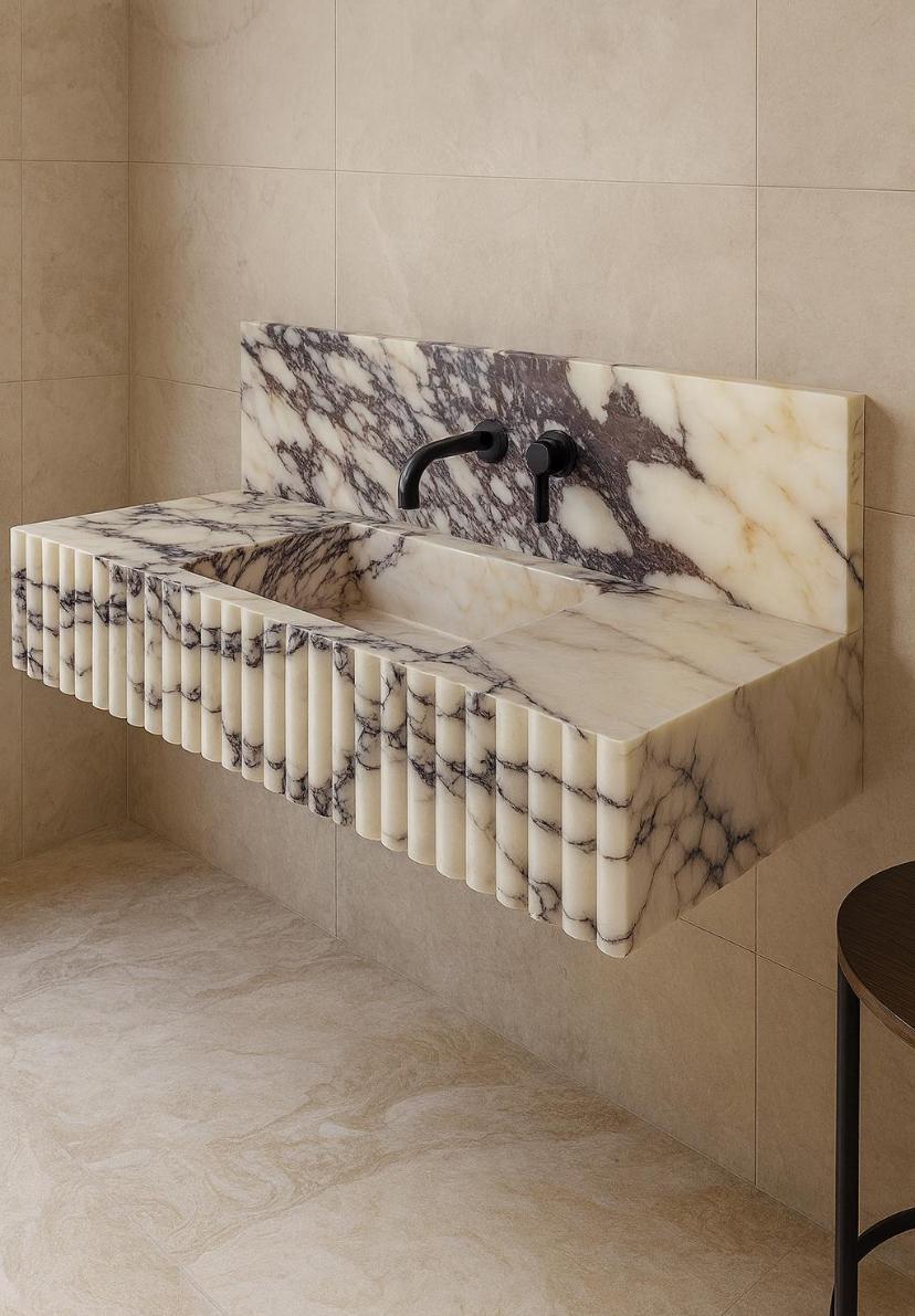 Luxury Custom Marble Sink with Ribbed Front | Calacatta Viola Style Stone | Handmade in Turkey 2