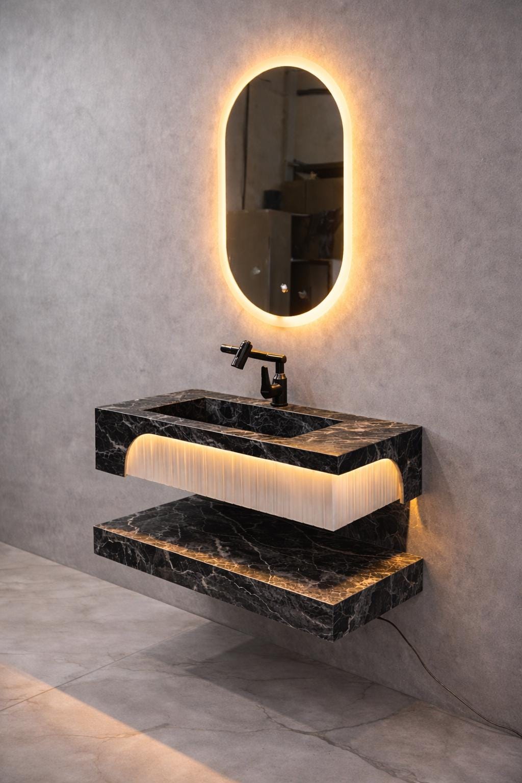 Single-Block Marble Floating Sink with Motion Sensor LED Lighting – Handmade Luxury Bathroom Vanity