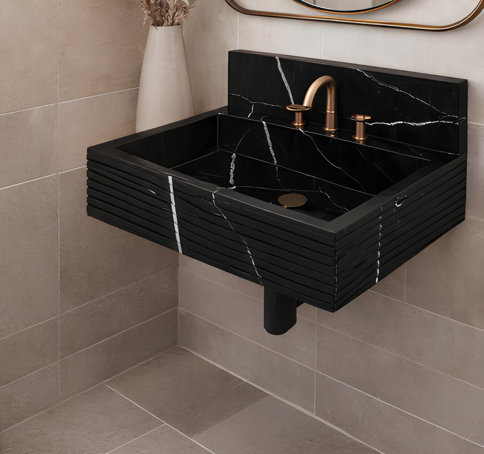 Hand-Carved Nero Marquina Black Marble Wall-Mount Sink – Ribbed Front Modern Vanity Basin, Custom Size 3