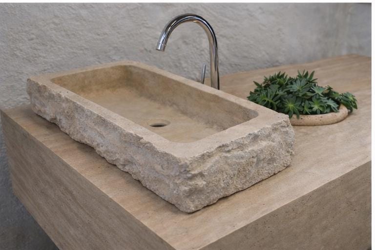 Handmade Travertine Stone Sink & Vanity Table | Natural Travertine Bathroom Console | Custom Size Marble Washstand 3