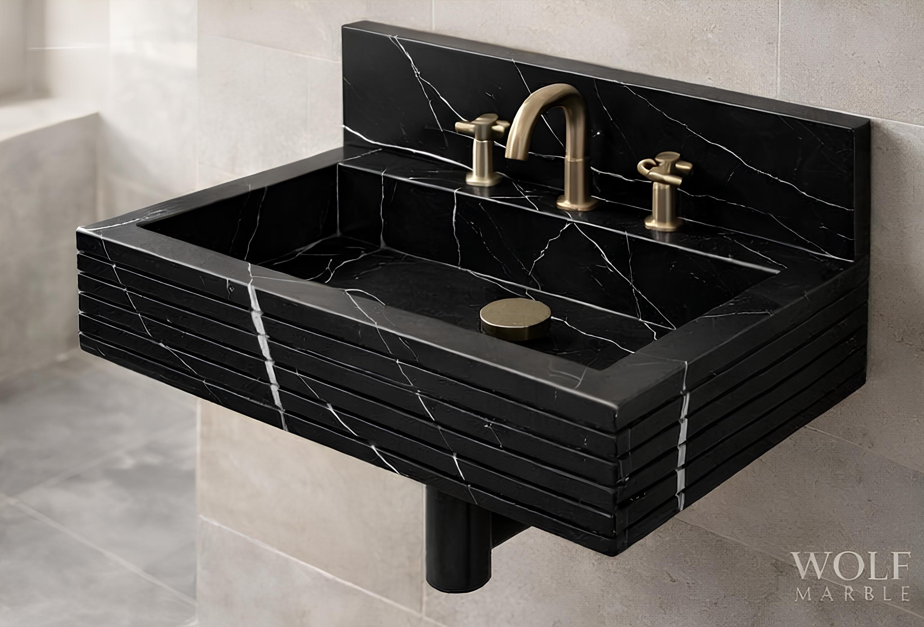 Hand-Carved Nero Marquina Black Marble Wall-Mount Sink – Ribbed Front Modern Vanity Basin, Custom Size 2