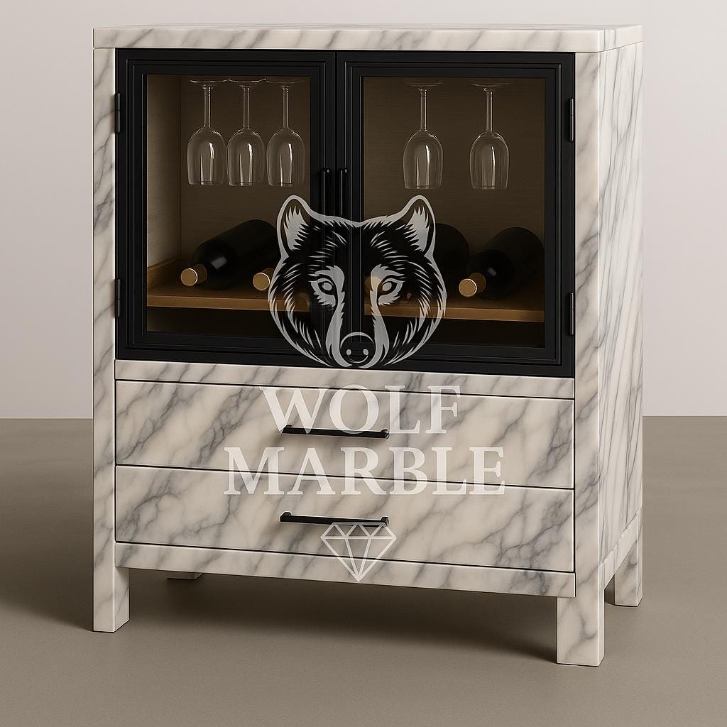 Custom Handmade Marble Wine Cabinet with Glass Doors & Drawers