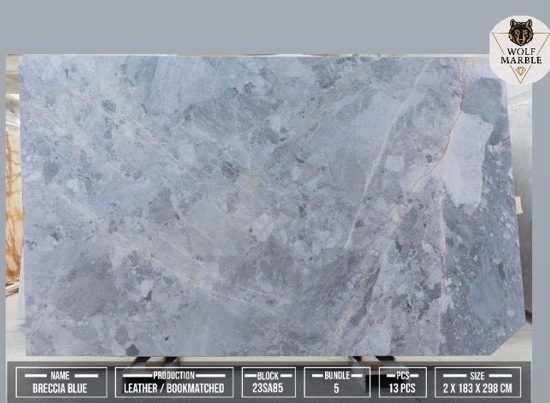 Breccia Blue Marble Slab: Bookmatched Natural Stone, Polished/Leather Finish 2