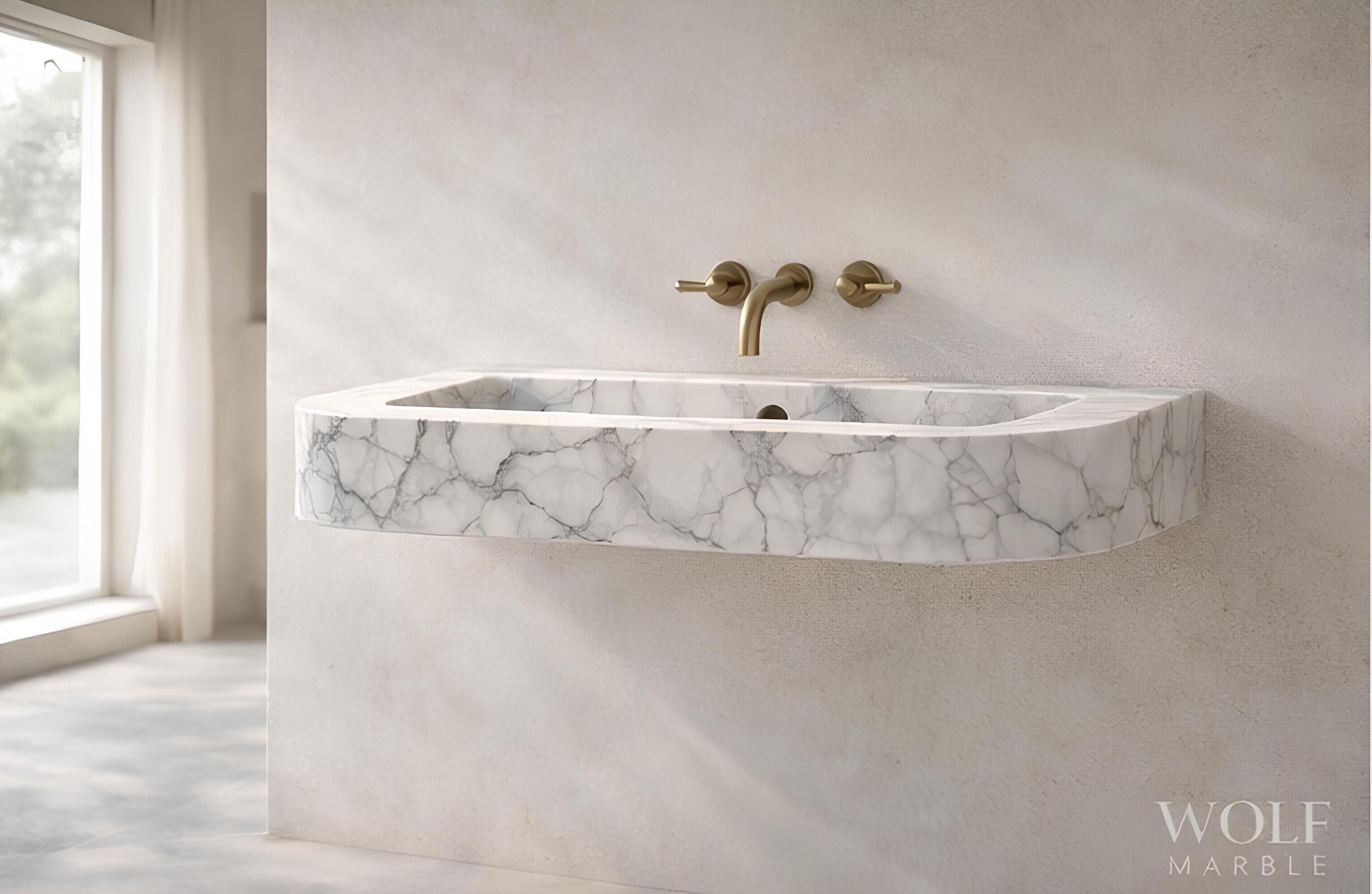 Hand-Carved White Marble Wall-Mount Bathroom Sink with Brass Fixtures 4