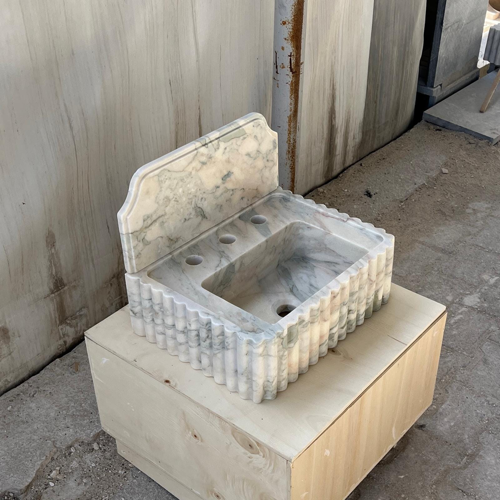Hand Carved Fluted Marble Sink with Backsplash, Solid Natural Stone Vanity Basin 2