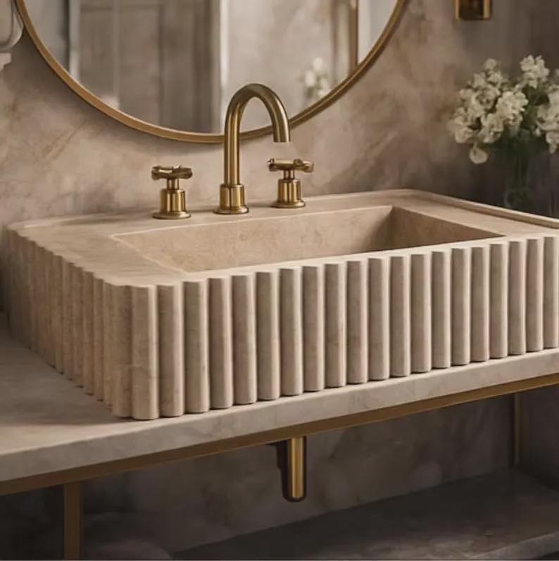 Hand-Carved Travertine Marble Sink – 24” × 16” × 6” | Wall-Mounted Bathroom Sink 2