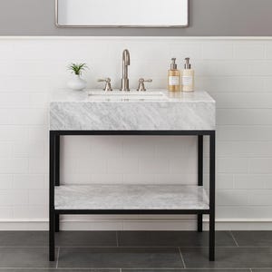 Custom Handmade Marble Vanity Sink with Metal Legs & Optional Faucet | Modern Bathroom Console with Shelf – Multiple Metal Finish Options