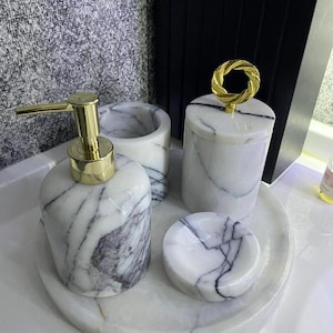 Luxury 5-Piece Handmade Marble Bathroom Accessory Set – Calacatta Marble with Brass Details