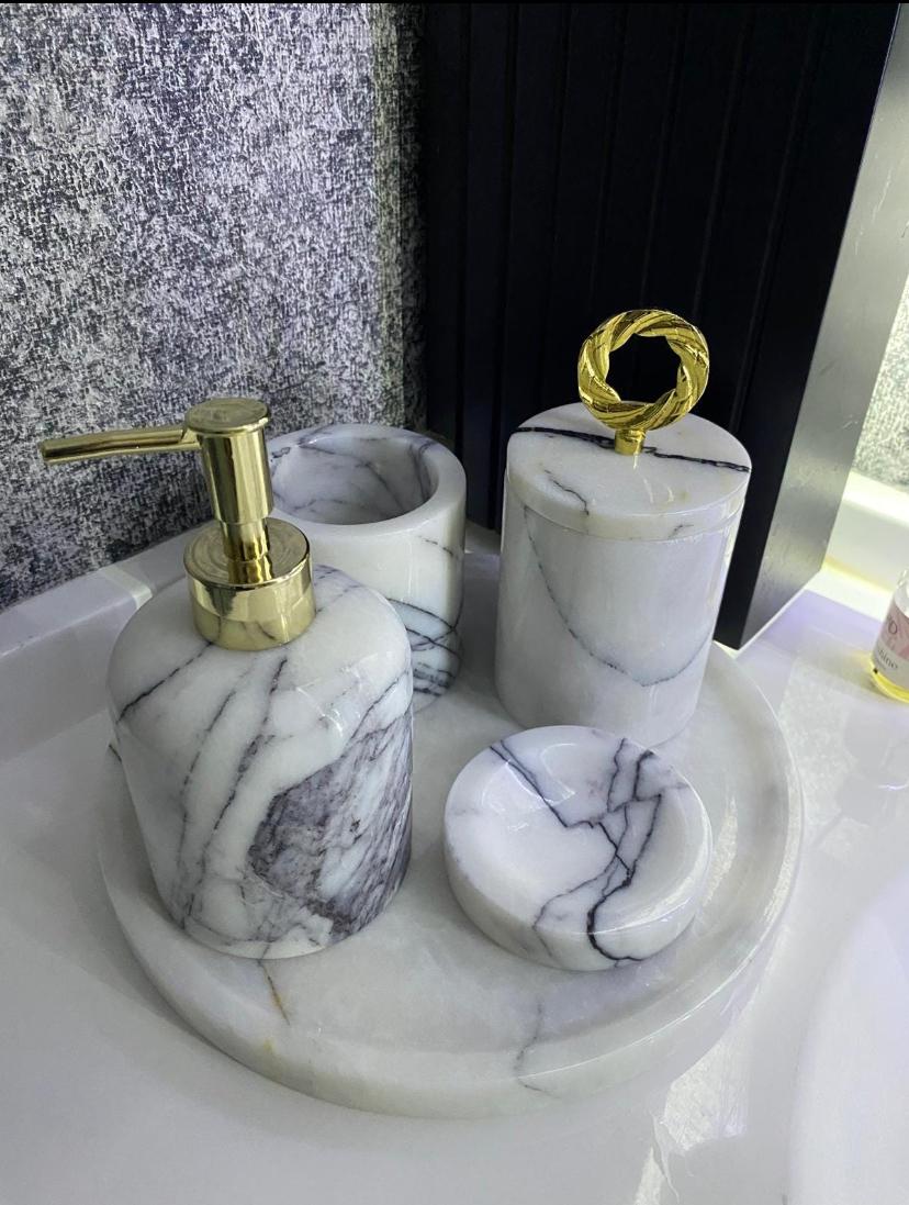 Luxury 5-Piece Handmade Marble Bathroom Accessory Set – Calacatta Marble with Brass Details accessories