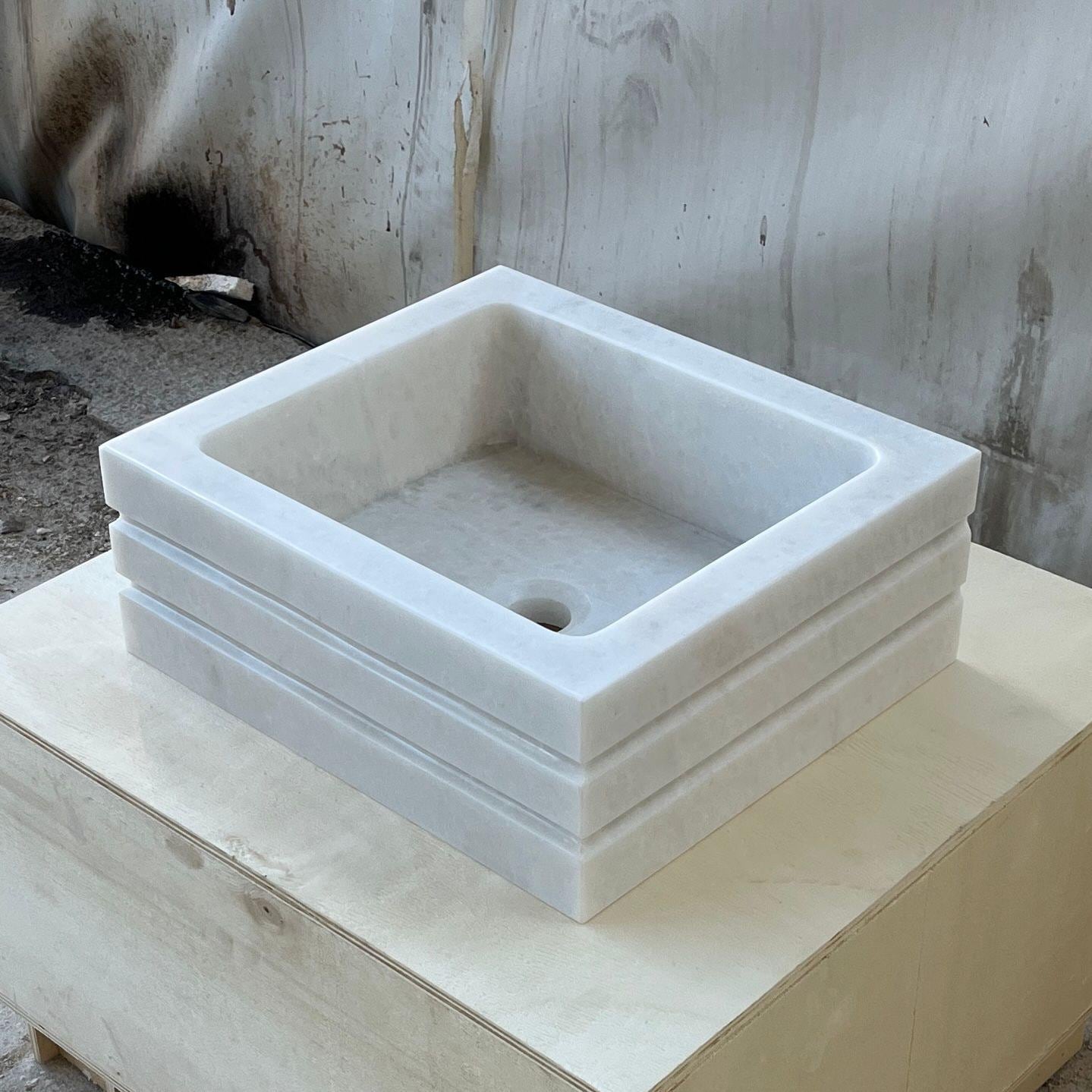 Hand-Carved Solid Marble Square Vessel Sink, Modern Layered Design