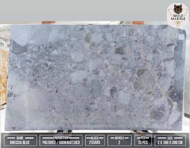 Breccia Blue Marble Slab: Bookmatched Natural Stone, Polished/Leather Finish 4